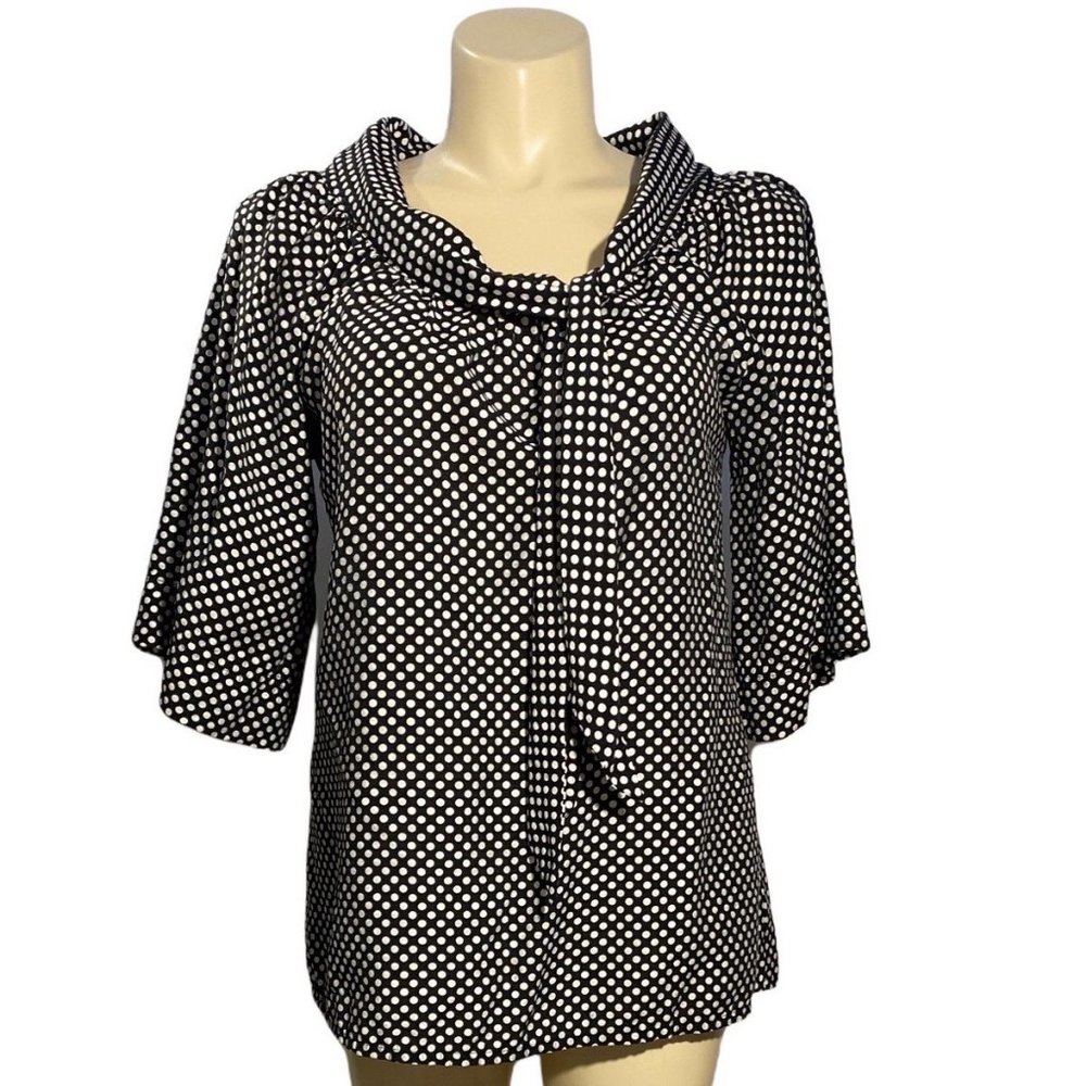 BCBG Maxazria L‎ Tunic Top Black White Polka Dot Fold Collar Tie Short Wide Sl